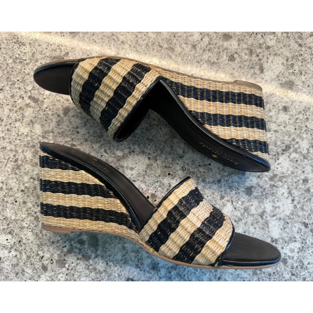 Kate Spade NY Linda Wedge Sandals Black Cream Striped Raffia & Leather Size 6.5M